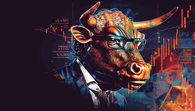 abstract image of investor bull against the background of quotations, stock market concept, bulls and bears