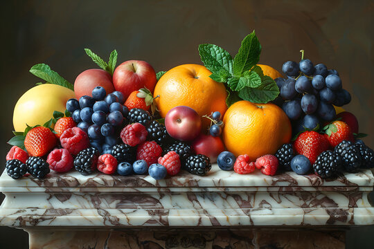 Painting of Fruit on a Marble Pedestal