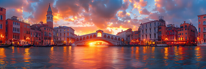 Rialto Bridge Across Grand Canal and Waterfront,
The rialto bridge at sunrise one of the most visited sights of venice ital - obrazy, fototapety, plakaty