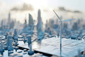 wind turbine farm Solar panel and smart city in the background.  - obrazy, fototapety, plakaty