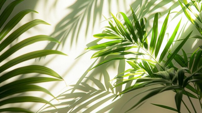 Tropic palm leaves on white wall background. Shadows of leaves in sunlight