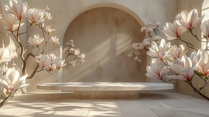 Podium mock up with magnolia trees in full bloom framing an elegant stone bench