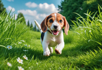 A dog beagle puppy with a happy face runs through the colorful lush spring green grass