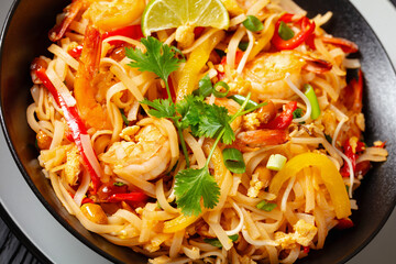 pad thai with shrimps, peanuts, eggs, bean sprouts