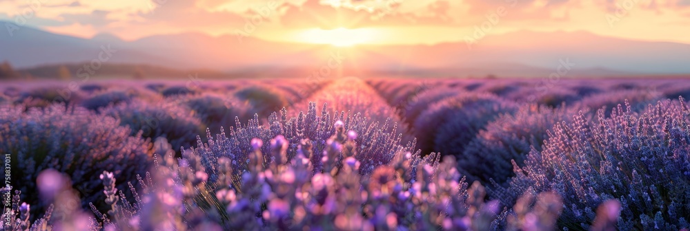 Poster a field of fragrant lavender flowers bathed in the warm glow of the setting sun, creating a serene a