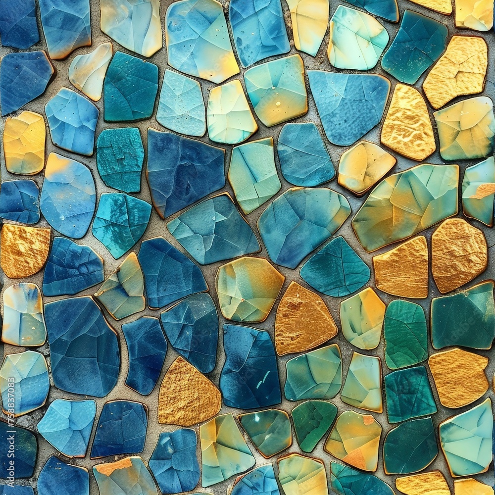 Aufkleber A close-up of a vibrant mosaic tile wall, showcasing intricate patterns and a dazzling array of colors. Each individual tile seamlessly blends together to create a beautiful and harmonious work of art