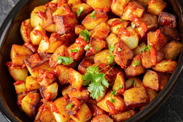 fried spanish potatoes with paprika sauce in bowl