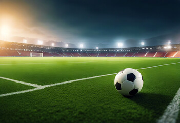 Fototapeta premium Green soccer field with bokeh backdrop stock photo