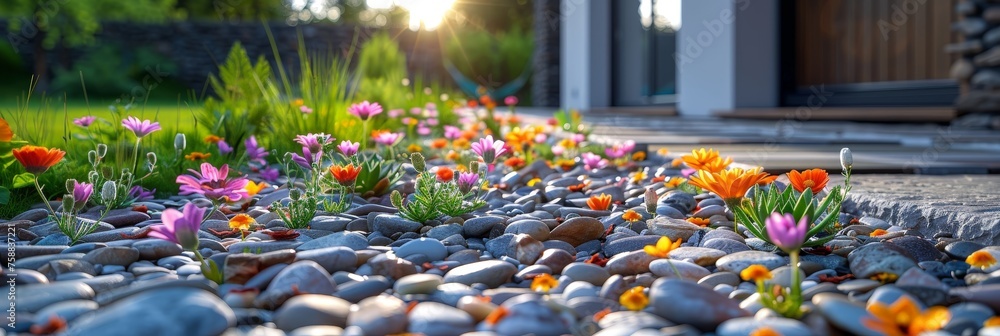 Canvas Prints A collection of vibrant flowers resting delicately on weathered rocks against a backdrop of serene nature