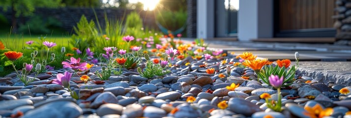 A collection of vibrant flowers resting delicately on weathered rocks against a backdrop of serene nature