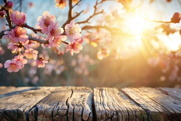 Golden sunset illuminates cherry blossoms above a rustic wooden table