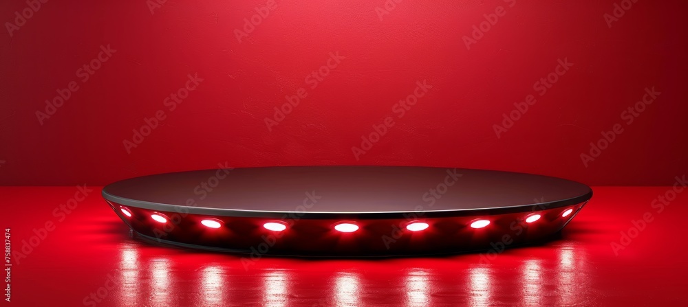Poster empty red podium on stage with spotlight, perfect for product display in abstract studio scene