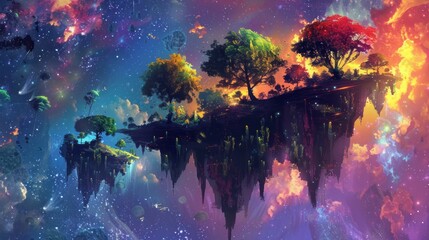 Vibrant floating islands with lush, colorful trees defy gravity in an otherworldly cosmic space, creating a scene from a fantastical dream