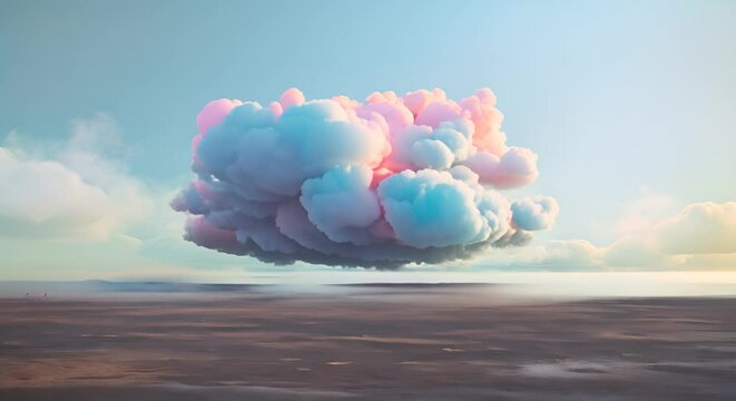 Surreal landscape with a vibrant multi-color cloud floating above a barren terrain.