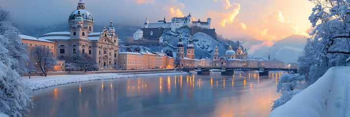 Salzburg Cathedral and City Skyline in Winter,
Salzburg old city at christmas time snowy in the evening austria 3d wallpaper 
