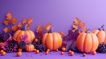 Vibrant 3D Style Pumpkins and Autumn Fruits on Rich Purple Background Generative AI