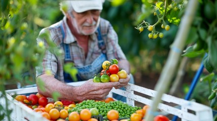 A man cradles a vibrant bunch of tomatoes in his hands