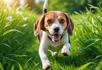 A dog beagle with a happy face runs through the colorful lush spring green grass