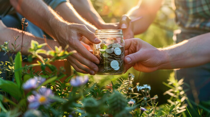 A diverse group of individuals standing together, each placing coins into a transparent jar, pooling their resources for a shared goal