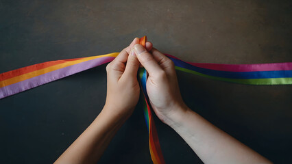 hands of the person holding rainbow ribbon  LGBT pride symbol
