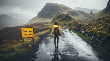 A lone person in a yellow jacket walks away on a wet road, flanked by moody hills and an inspiring road sign - Powered by Adobe