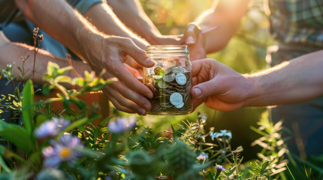 A diverse group of individuals standing together, each placing coins into a transparent jar, pooling their resources for a shared goal