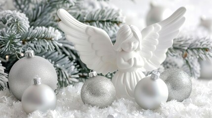 Fototapeta na wymiar White angel with christmas ornaments. Minimal picture for winter holidays