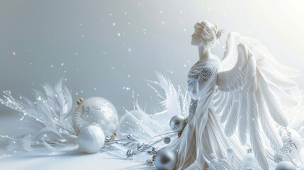 White angel with christmas ornaments. Minimal picture for winter holidays