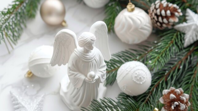 White angel with christmas ornaments. Minimal picture for winter holidays