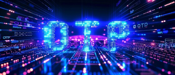 Digital blue matrix binary code forms the acronym OTP , symbolizing the concept of One-Time Password.
