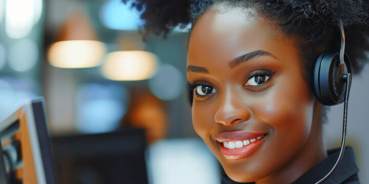 Friendly Customer Service Representative. A close-up portrait of a cheerful customer service representative wearing a headset, ready to assist with a welcoming smile.	