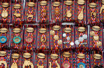 Bulgarian souvenirs handmade with traditional embroideries with the inscription Zheravna, Bulgaria