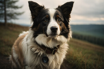 Fototapeta premium border collie puppy watching camera with confused sad reaction