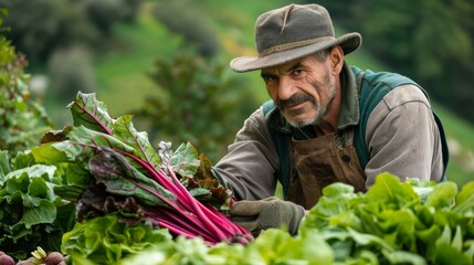 A man in a hat gracefully harvesting fresh vegetables from the garden