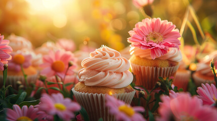 cupcakes with pink flowers - Powered by Adobe