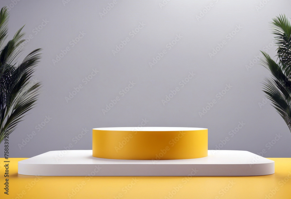 Poster vivid 3d stand showing blank pedestal empty podium shelf product yellow summer style splay minimal b
