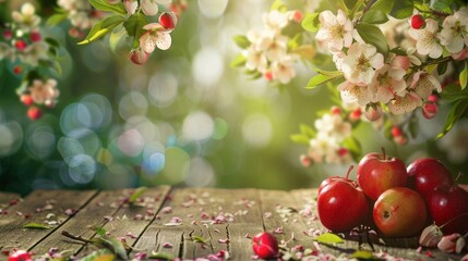 World here spring background. fruit flowers on wooden table