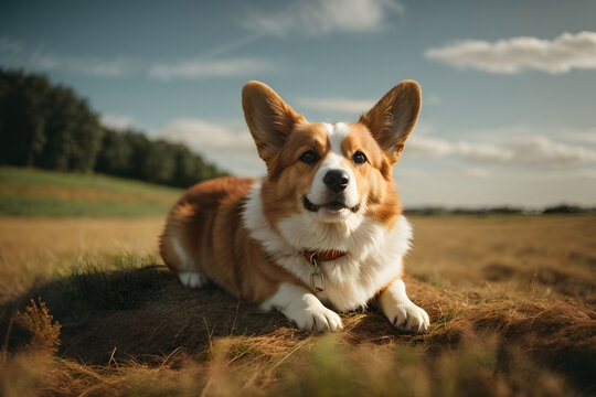 A cute little Corgi is chilling out on the soft, green moss in the woods.