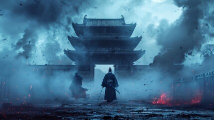 Shadowy Samurai Realm: Abstract horror movie backdrop depicting a mysterious world inhabited by spectral samurai warriors. - obrazy, fototapety, plakaty