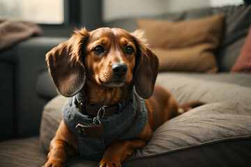 The dachshund dog is lying down on the couch