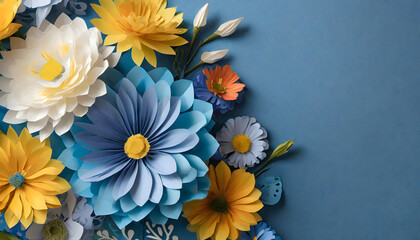 Yellow, blue, orange and white daisy background, empty space for text, blue image; beautiful botanical wallpaper