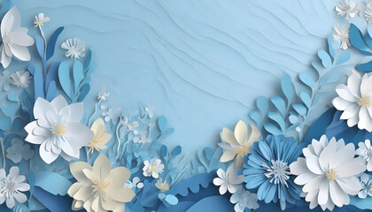 Spring flowers background, empty space for text, blue image; beautiful botanical wallpaper