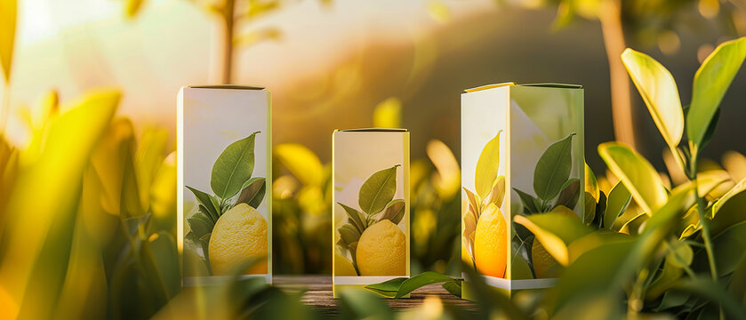 Three boxes of lemon-flavored drinks are displayed in a table, freshness and naturalness