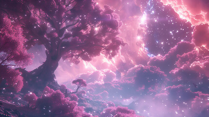 Fantasy Landscape with Tree and Stars. 3d illustration. 
