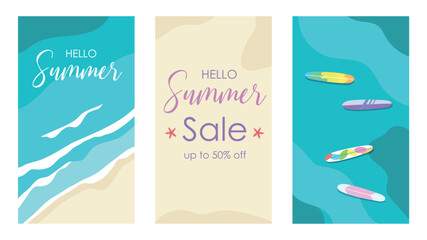 Summer set of instagram story with sand, sea, surfboards. Hello summer sale social media promotional content. Vector illustration summer greeting. Beach background for social media.