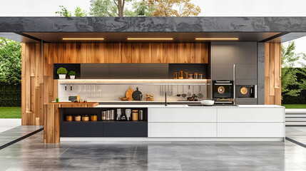 Elegant Modern Kitchen in Luxurious Home, Clean White Design with Wooden Accents, Contemporary and Stylish