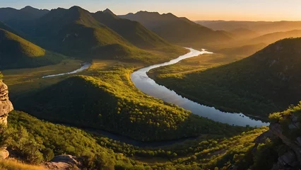 Fotobehang Landscape with river in the mountains at sunset. Ukraine, Europe © ASGraphics