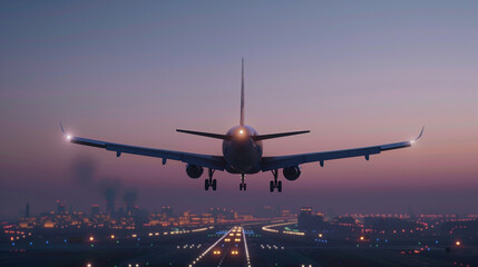 Fototapeta premium Airplane landing at twilight over city runway lights.