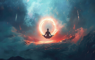 A person meditating with their aura glowing around them, surrounded by energy rings and an inner light emanating from the center of his body, representing spiritual awakening - obrazy, fototapety, plakaty