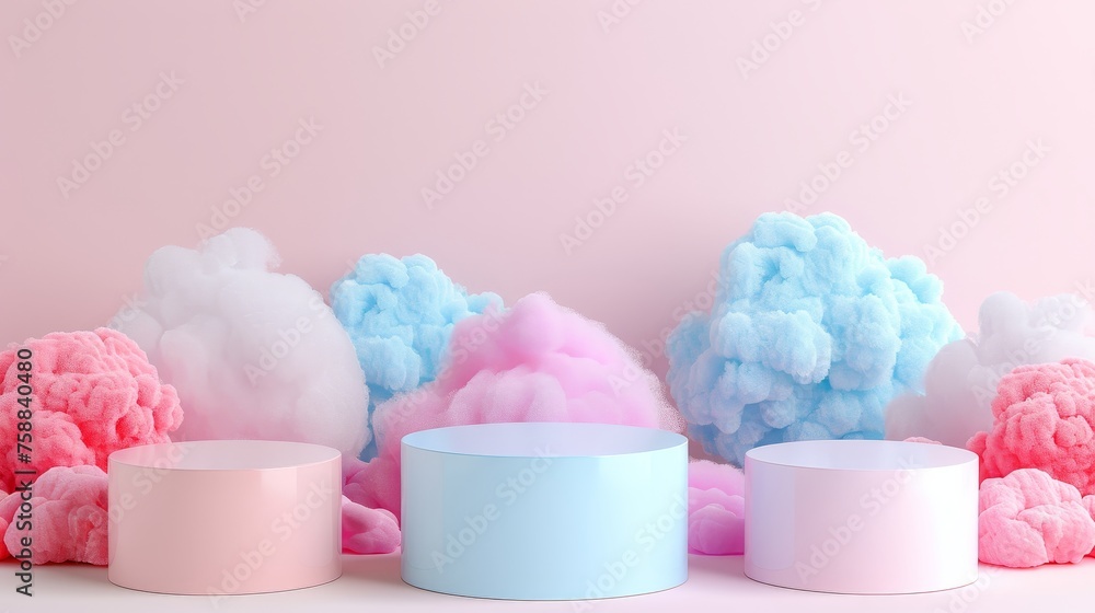 Poster dreamy 3d product display podium on a blue cloud background with a minimalistic design.
